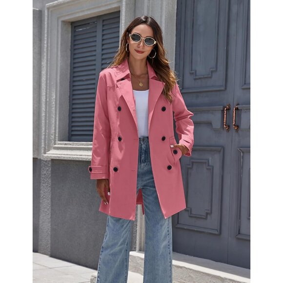 Women's Pink Waterproof Trench Coat with Classic Lapel and Belted Design - Picture 3 of 6